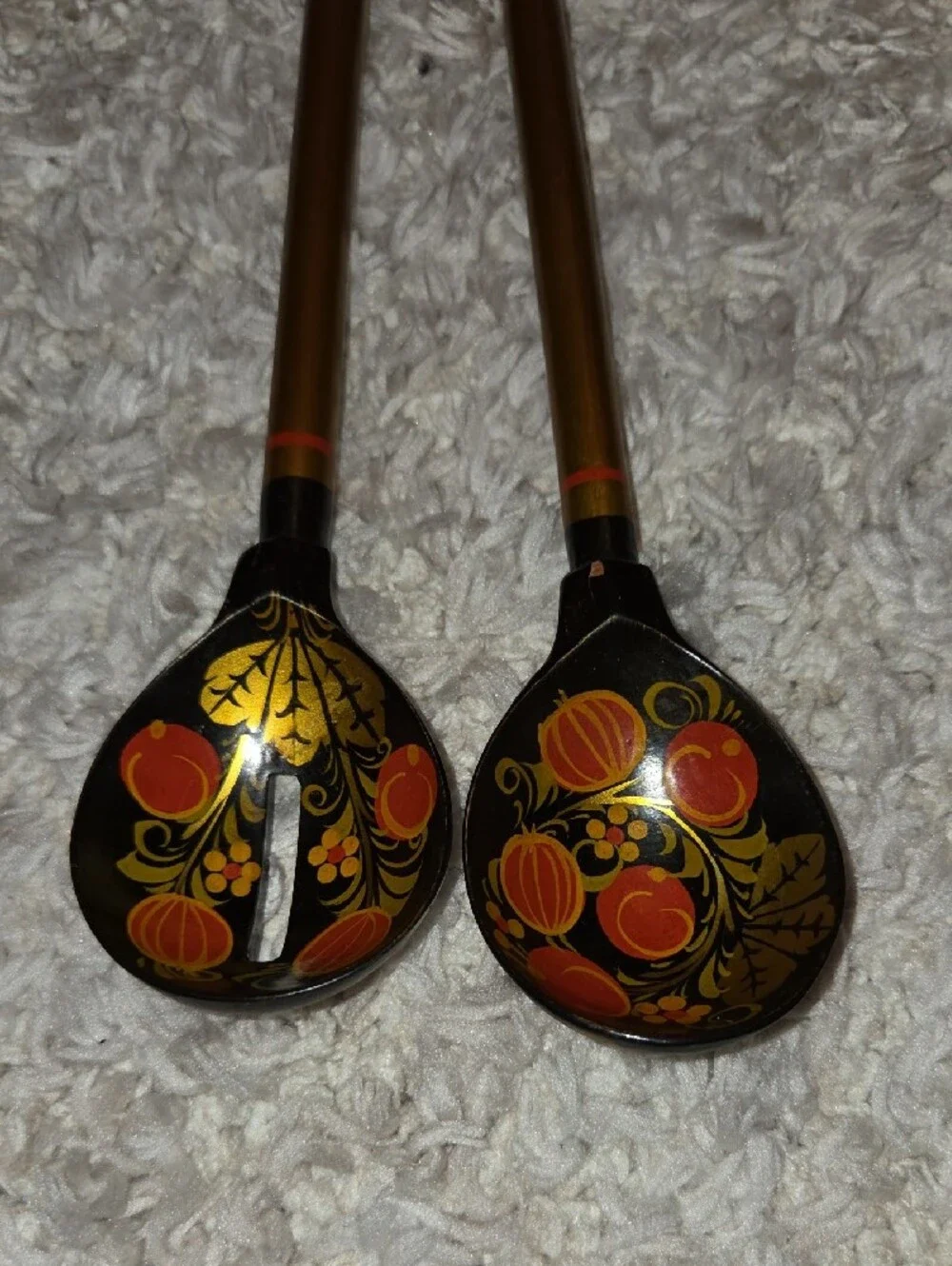 Khokhloma Hand-Painted Black and Gold Decorative Serving Spoons - Floral Design